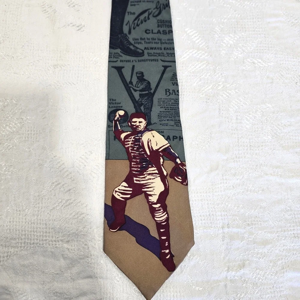 Spencer & Lowe Mens Silk Baseball Tie Vintage Newspaper Boston Sports Graphic